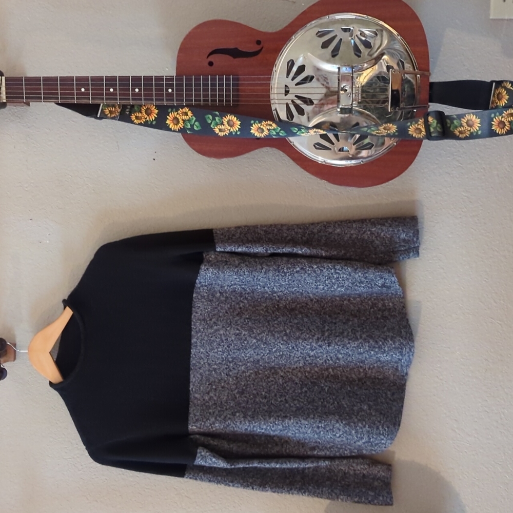 Black and marbled gray color block sweater